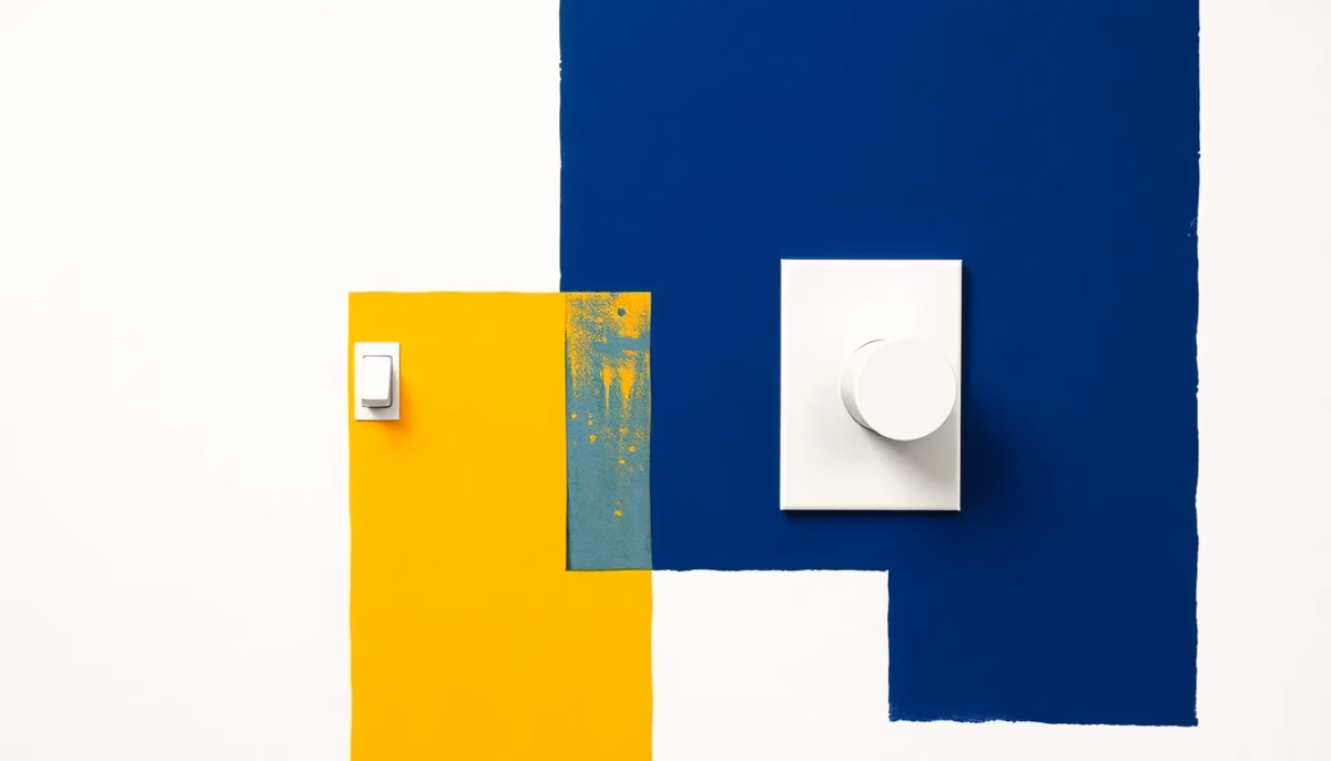 Suprematist abstract painting inspired by Kazimir Malevich featuring modern wall switches, a momentary push button and a rotary dimmer knob. Minimalist avant-garde composition built from bold navy blue and vibrant yellow geometric shapes on a stark white background. Flat textures, sharp clean edges, high contrast, museum-quality geometric abstraction evoking electrical controls and home lighting. No humans, no text, no lettering.
