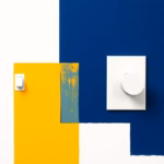 Suprematist abstract painting inspired by Kazimir Malevich featuring modern wall switches, a momentary push button and a rotary dimmer knob. Minimalist avant-garde composition built from bold navy blue and vibrant yellow geometric shapes on a stark white background. Flat textures, sharp clean edges, high contrast, museum-quality geometric abstraction evoking electrical controls and home lighting. No humans, no text, no lettering.
