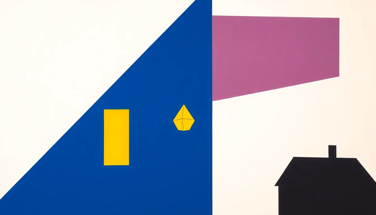 Suprematist abstract painting in the style of Kazimir Malevich featuring a wireless light switch mounted on a wall emitting geometric radio waves toward a ceiling lamp, with an angular house silhouette in the background. Minimalist composition of bold navy blue and vibrant yellow geometric shapes on a stark white background. Flat textures, sharp edges, avant-garde electrical concept, no humans, no text overlay.