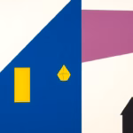 Suprematist abstract painting in the style of Kazimir Malevich featuring a wireless light switch mounted on a wall emitting geometric radio waves toward a ceiling lamp, with an angular house silhouette in the background. Minimalist composition of bold navy blue and vibrant yellow geometric shapes on a stark white background. Flat textures, sharp edges, avant-garde electrical concept, no humans, no text overlay.