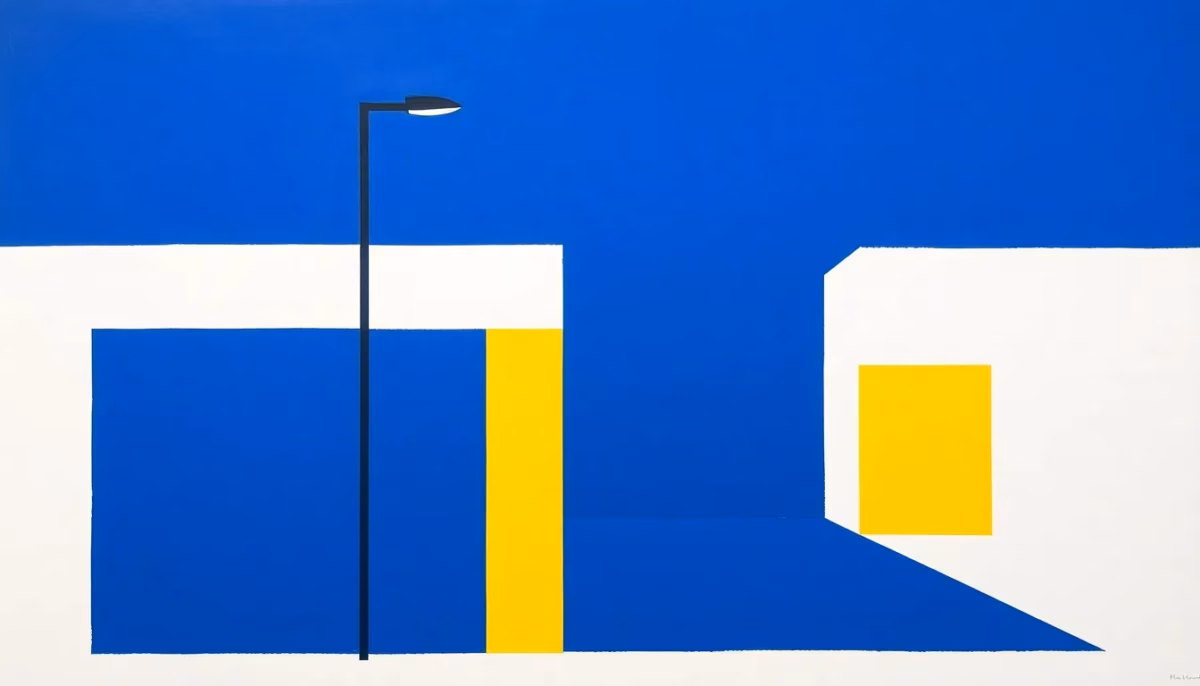 Suprematist abstract painting in the style of Kazimir Malevich featuring a tall street lamp post illuminating a private driveway. Minimalist composition of bold navy blue and vibrant yellow geometric shapes on a stark white background. Flat textures, sharp edges, avant-garde electrical concept art. No humans, no text overlay.