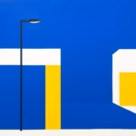Suprematist abstract painting in the style of Kazimir Malevich featuring a tall street lamp post illuminating a private driveway. Minimalist composition of bold navy blue and vibrant yellow geometric shapes on a stark white background. Flat textures, sharp edges, avant-garde electrical concept art. No humans, no text overlay.