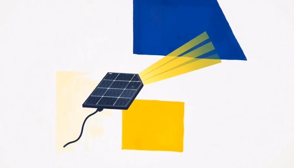 Suprematist abstract painting in the style of Kazimir Malevich featuring a solar-powered garden lamp with a tilted photovoltaic panel and radiating light beams. Minimalist composition of bold navy blue and vibrant yellow geometric shapes on a stark white background. Flat textures, sharp edges, avant-garde electrical concept. No humans, no text overlay.