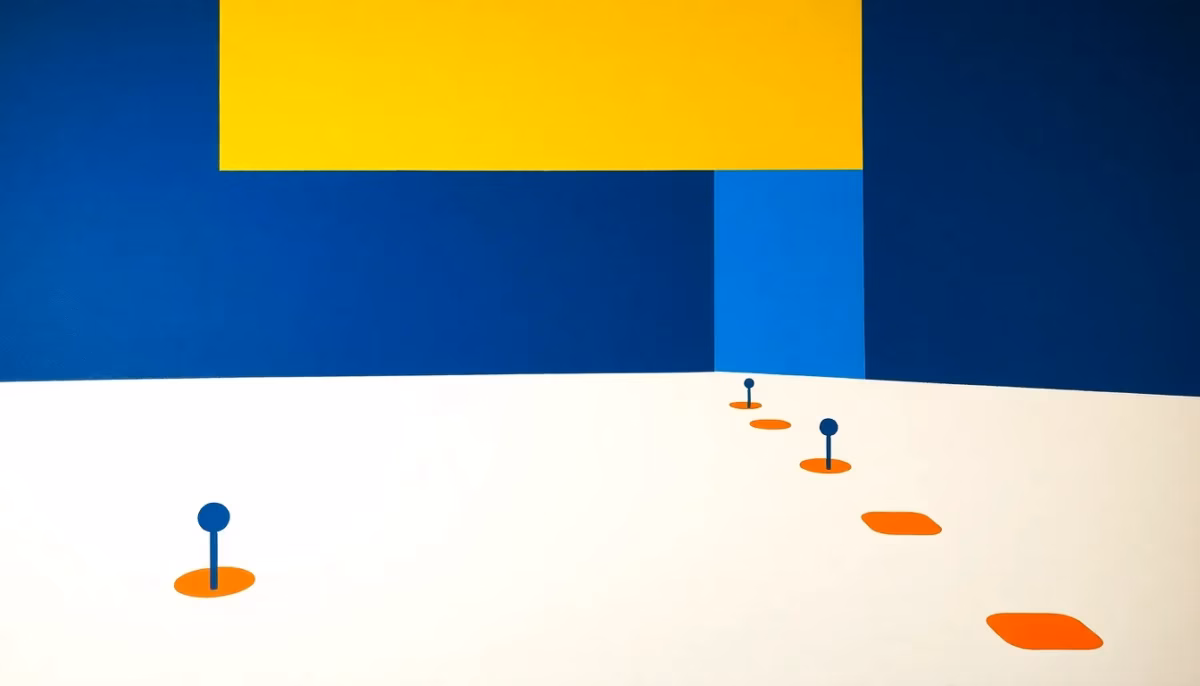 Suprematist abstract painting in the style of Kazimir Malevich depicting buried garden spotlights glowing along a geometric garden path. Minimalist composition of bold navy blue and vibrant yellow geometric shapes on a stark white background. Flat textures, sharp edges, avant-garde electrical concept evoking underground wiring and outdoor lighting. No humans, no text.
