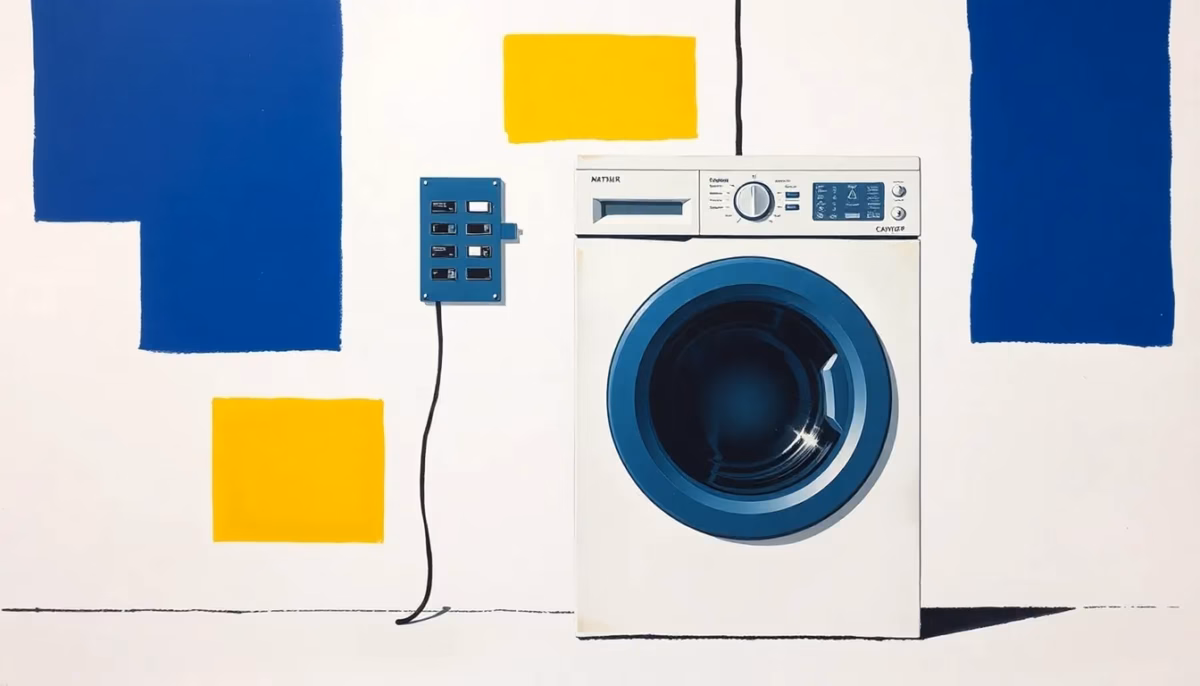 Suprematist abstract painting by Kazimir Malevich featuring a washing machine connected to a circuit breaker panel. Minimalist composition of bold navy blue and vibrant yellow geometric shapes on a stark white background. Flat textures, sharp edges, avant-garde electrical concept. No humans, no text overlay.