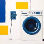 Suprematist abstract painting by Kazimir Malevich featuring a washing machine connected to a circuit breaker panel. Minimalist composition of bold navy blue and vibrant yellow geometric shapes on a stark white background. Flat textures, sharp edges, avant-garde electrical concept. No humans, no text overlay.