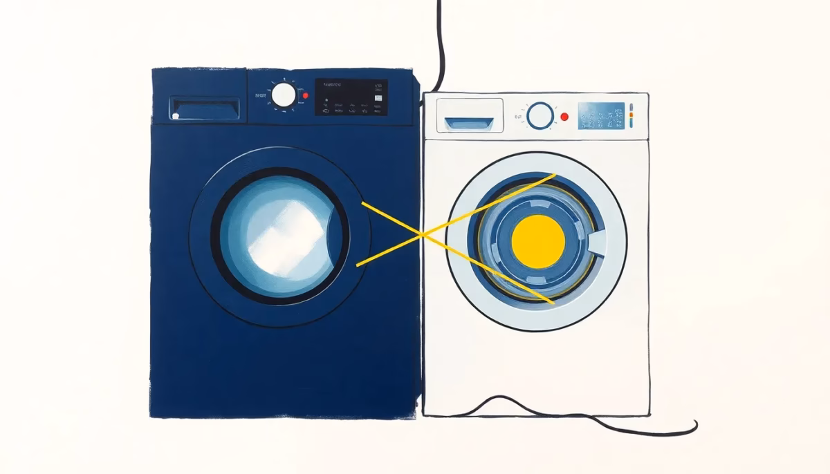 Suprematist abstract painting inspired by Kazimir Malevich: a washing machine and a clothes dryer both plugged into a single oversized electric socket, crossed by bold geometric circuit lines. Minimalist composition of deep navy blue and vibrant yellow geometric shapes on a stark white background. Flat textures, sharp edges, avant-garde electrical safety concept. No humans, no text.