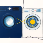 Suprematist abstract painting inspired by Kazimir Malevich: a washing machine and a clothes dryer both plugged into a single oversized electric socket, crossed by bold geometric circuit lines. Minimalist composition of deep navy blue and vibrant yellow geometric shapes on a stark white background. Flat textures, sharp edges, avant-garde electrical safety concept. No humans, no text.