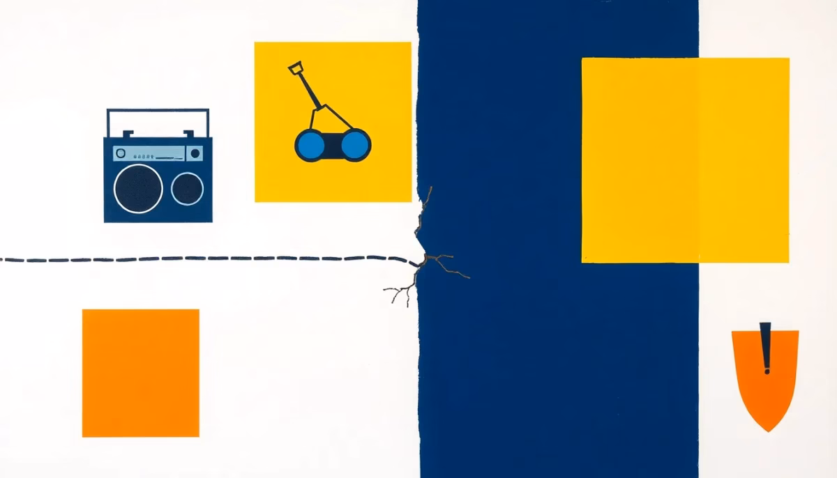 Suprematist abstract painting in the style of Kazimir Malevich featuring a broken buried cable line interrupted mid-trace, surrounded by geometric shapes evoking a portable AM radio, a robotic lawn mower boundary loop, and a spade. Minimalist composition of bold navy blue and vibrant yellow geometric shapes on a stark white background. Flat textures, sharp edges, avant-garde electrical concept. No humans, no text.