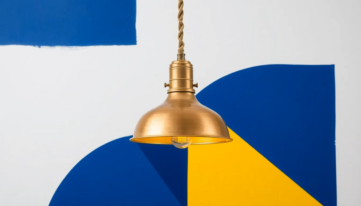 Suprematist abstract painting in the style of Kazimir Malevich featuring a vintage brass pendant lamp with a twisted textile cord and an old porcelain toggle switch. Minimalist composition of bold navy blue and vibrant yellow geometric shapes on a stark white background. Flat textures, sharp edges, avant-garde electrical concept. No humans, no text overlay.