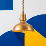 Suprematist abstract painting in the style of Kazimir Malevich featuring a vintage brass pendant lamp with a twisted textile cord and an old porcelain toggle switch. Minimalist composition of bold navy blue and vibrant yellow geometric shapes on a stark white background. Flat textures, sharp edges, avant-garde electrical concept. No humans, no text overlay.