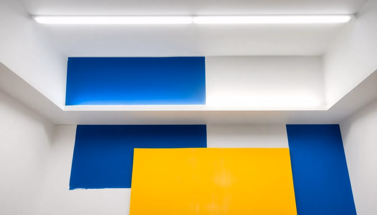 Suprematist abstract painting in the style of Kazimir Malevich depicting a low-ceiling room with flat LED ceiling lights and a glowing LED strip along a wooden beam. Minimalist composition of bold navy blue and vibrant yellow geometric shapes on a stark white background. Flat textures, sharp edges, avant-garde electrical concept. No humans, no text.