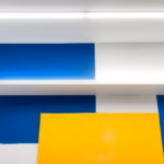 Suprematist abstract painting in the style of Kazimir Malevich depicting a low-ceiling room with flat LED ceiling lights and a glowing LED strip along a wooden beam. Minimalist composition of bold navy blue and vibrant yellow geometric shapes on a stark white background. Flat textures, sharp edges, avant-garde electrical concept. No humans, no text.