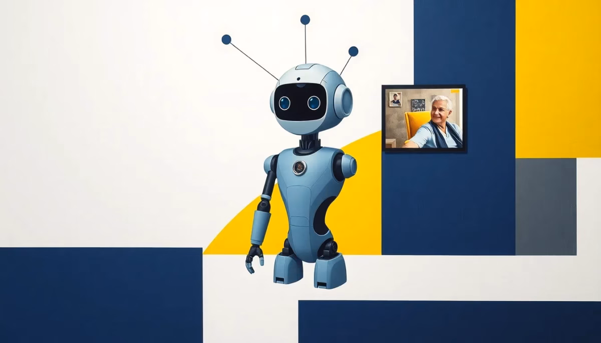 Suprematist abstract painting in the style of Kazimir Malevich depicting a sleek white companion robot for elderly home care, surrounded by floating connected smart-home sensors and an abstract video call screen shape. Minimalist composition of bold navy blue and vibrant yellow geometric shapes on a stark white background with subtle electrical circuit motifs. Flat textures, sharp edges, avant-garde modern art style. No humans, no text, no text overlay.