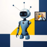 Suprematist abstract painting in the style of Kazimir Malevich depicting a sleek white companion robot for elderly home care, surrounded by floating connected smart-home sensors and an abstract video call screen shape. Minimalist composition of bold navy blue and vibrant yellow geometric shapes on a stark white background with subtle electrical circuit motifs. Flat textures, sharp edges, avant-garde modern art style. No humans, no text, no text overlay.