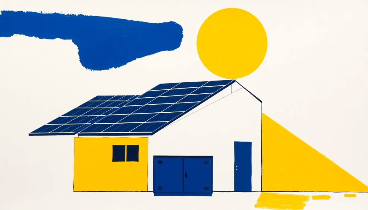 Suprematist abstract painting in the style of Kazimir Malevich featuring solar panels and a battery storage unit powering an independent off-grid house. Minimalist composition of bold navy blue and vibrant yellow geometric shapes on a stark white background. Flat textures, sharp edges, avant-garde electrical concept. No humans, no text.