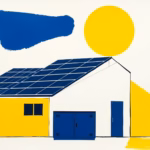 Suprematist abstract painting in the style of Kazimir Malevich featuring solar panels and a battery storage unit powering an independent off-grid house. Minimalist composition of bold navy blue and vibrant yellow geometric shapes on a stark white background. Flat textures, sharp edges, avant-garde electrical concept. No humans, no text.