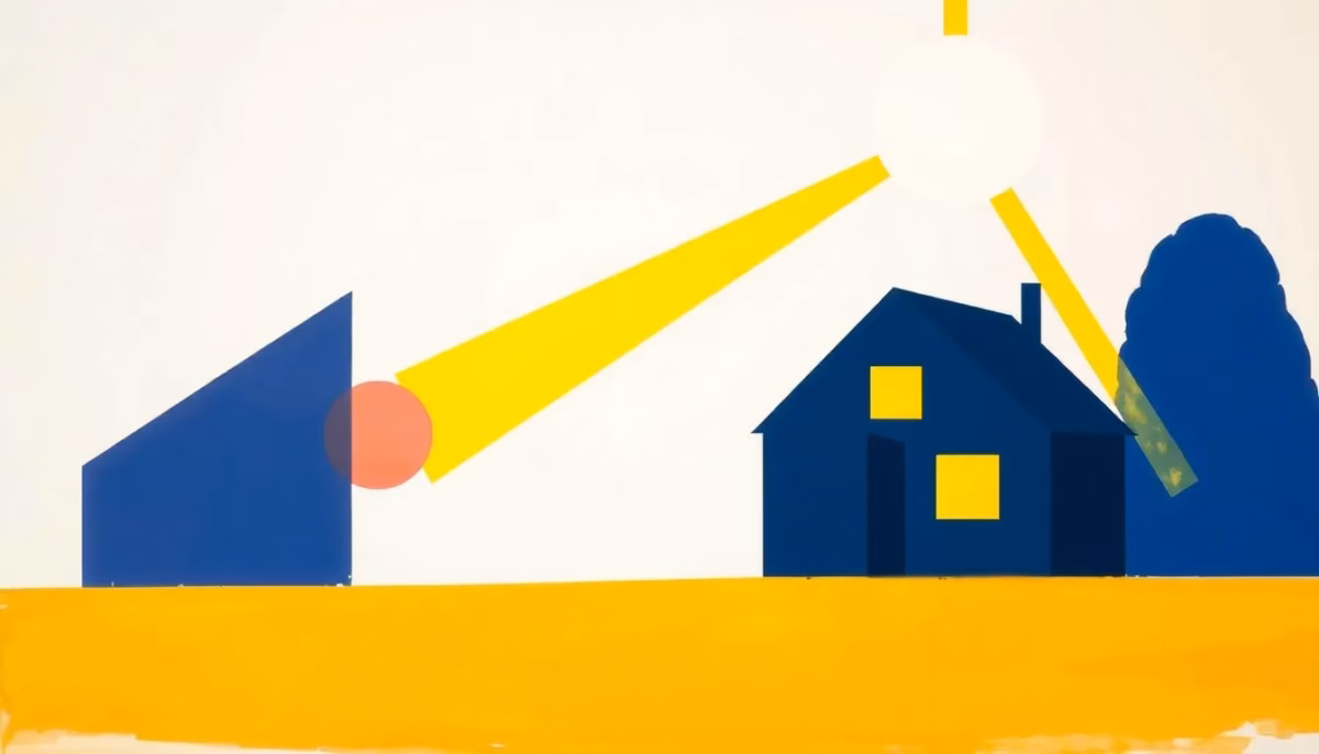Suprematist abstract painting inspired by Kazimir Malevich, featuring a cozy geometric house emitting warm golden heat waves beside a large glowing thermostat dial with a yellow indicator needle and radiant LED light rays. Minimalist avant-garde composition of bold navy blue and vibrant yellow geometric shapes on a stark white background, flat textures, sharp edges, electrical energy efficiency concept, no humans, no text overlay.