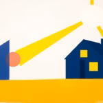Suprematist abstract painting inspired by Kazimir Malevich, featuring a cozy geometric house emitting warm golden heat waves beside a large glowing thermostat dial with a yellow indicator needle and radiant LED light rays. Minimalist avant-garde composition of bold navy blue and vibrant yellow geometric shapes on a stark white background, flat textures, sharp edges, electrical energy efficiency concept, no humans, no text overlay.