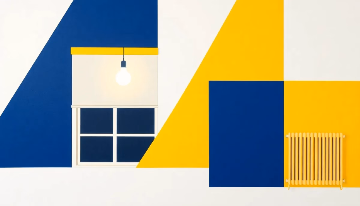 Suprematist abstract painting inspired by Kazimir Malevich featuring a connected smart house with automated roller shutters, a glowing light bulb and a smart thermostat radiator. Minimalist composition of bold navy blue and vibrant yellow geometric shapes on a stark white background. Flat textures, sharp edges, avant-garde electrical concept. No humans, no text.