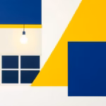 Suprematist abstract painting inspired by Kazimir Malevich featuring a connected smart house with automated roller shutters, a glowing light bulb and a smart thermostat radiator. Minimalist composition of bold navy blue and vibrant yellow geometric shapes on a stark white background. Flat textures, sharp edges, avant-garde electrical concept. No humans, no text.