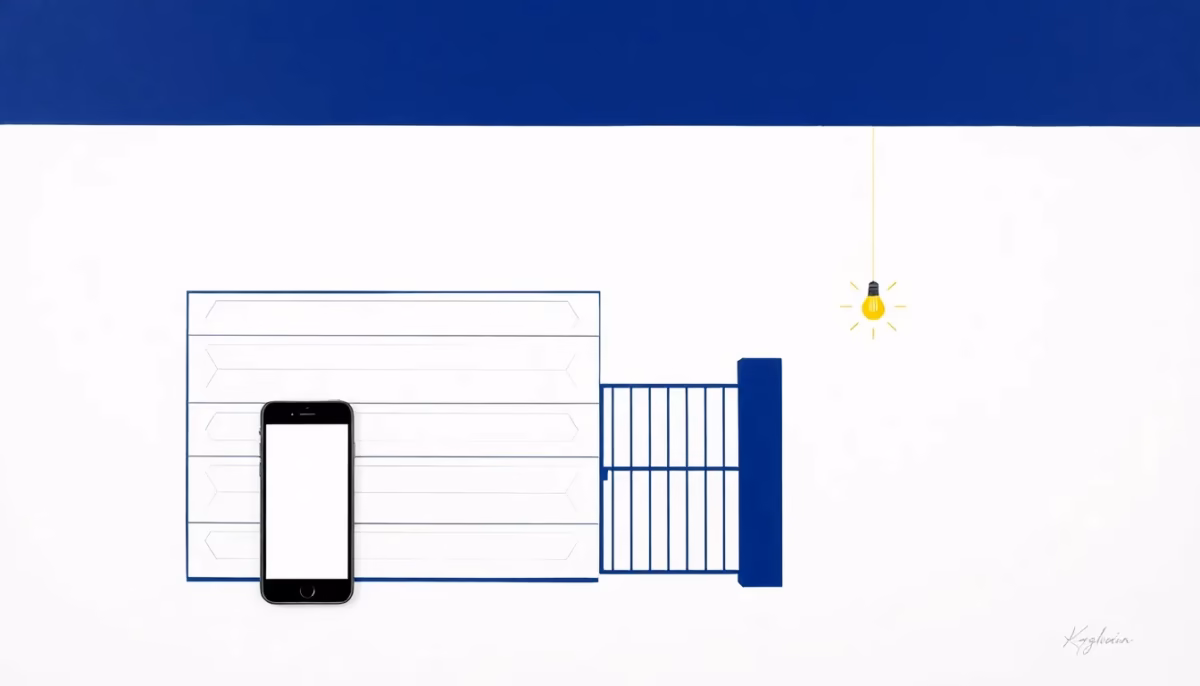 Suprematist abstract painting in the style of Kazimir Malevich featuring a smartphone wirelessly controlling a garage door, a gate and glowing light bulbs. Minimalist composition of bold navy blue and vibrant yellow geometric shapes on a stark white background. Flat textures, sharp edges, avant-garde smart home electrical concept. No humans, no text overlay.
