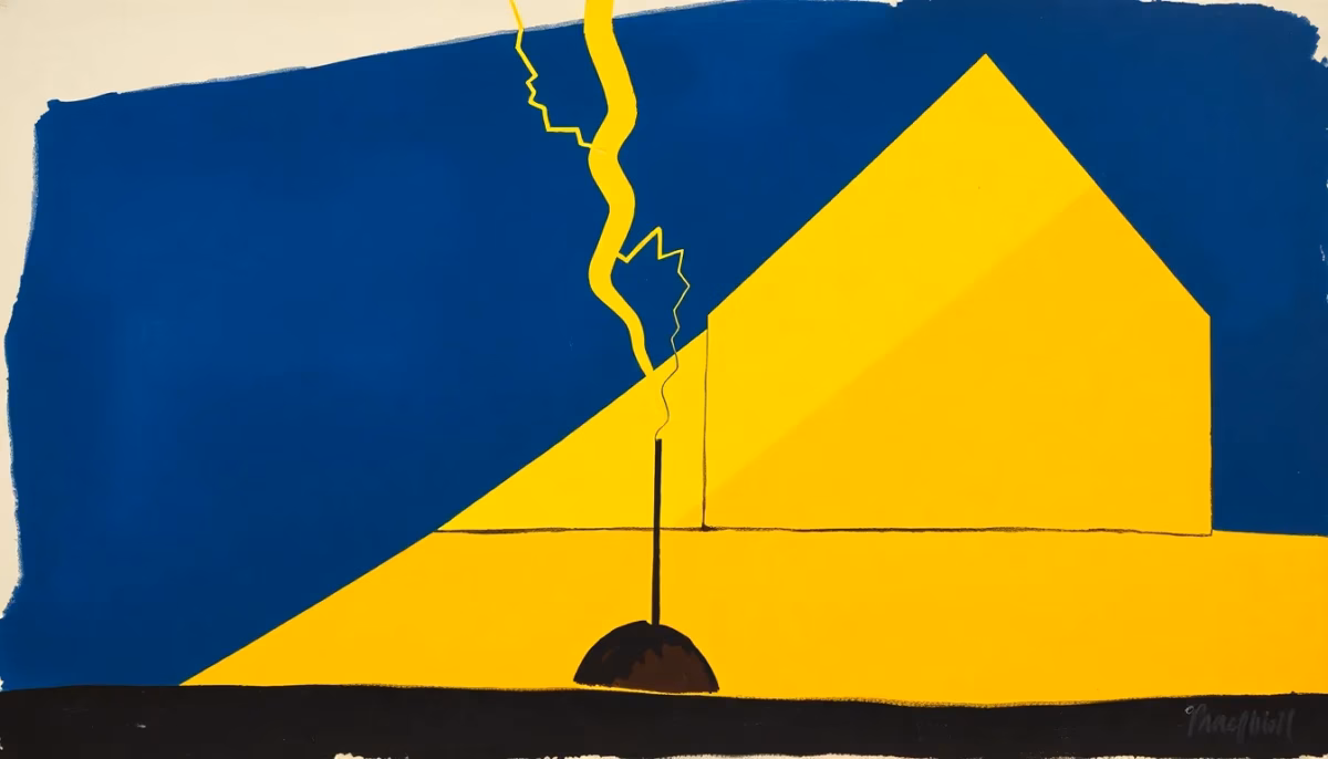 Suprematist abstract painting in the style of Kazimir Malevich depicting a copper grounding rod buried beneath stylized soil layers, with bold lightning bolts striking the roofline of a simple house above. Minimalist composition of navy blue and vibrant yellow geometric shapes on a stark white background. Flat textures, sharp edges, avant-garde electrical safety concept. No humans, no text overlay.