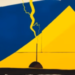 Suprematist abstract painting in the style of Kazimir Malevich depicting a copper grounding rod buried beneath stylized soil layers, with bold lightning bolts striking the roofline of a simple house above. Minimalist composition of navy blue and vibrant yellow geometric shapes on a stark white background. Flat textures, sharp edges, avant-garde electrical safety concept. No humans, no text overlay.