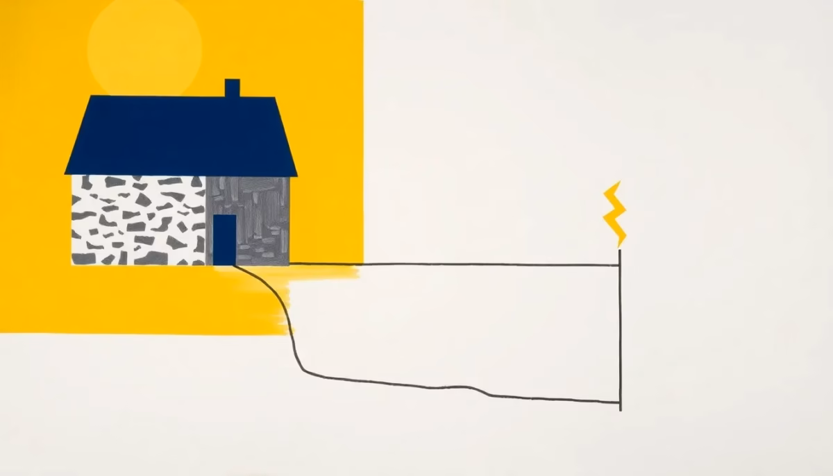 Suprematist abstract painting in the style of Kazimir Malevich featuring an old rural stone farmhouse linked by a bold geometric line to a copper grounding rod buried in the earth, with a vibrant yellow lightning bolt above the roof. Minimalist composition of bold navy blue and vibrant yellow geometric shapes on a stark white background. Flat textures, sharp edges, avant-garde electrical concept. No humans, no text.