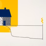 Suprematist abstract painting in the style of Kazimir Malevich featuring an old rural stone farmhouse linked by a bold geometric line to a copper grounding rod buried in the earth, with a vibrant yellow lightning bolt above the roof. Minimalist composition of bold navy blue and vibrant yellow geometric shapes on a stark white background. Flat textures, sharp edges, avant-garde electrical concept. No humans, no text.