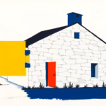 Suprematist abstract painting in the style of Kazimir Malevich depicting a rural stone farmhouse accompanied by an oversized electrical plug and a circuit breaker panel silhouette. Minimalist avant-garde composition built from bold navy blue and vibrant yellow geometric shapes on a stark white background. Flat textures, sharp edges, clean geometric forms, electrical renovation concept. No humans, no text, no lettering, no typography.