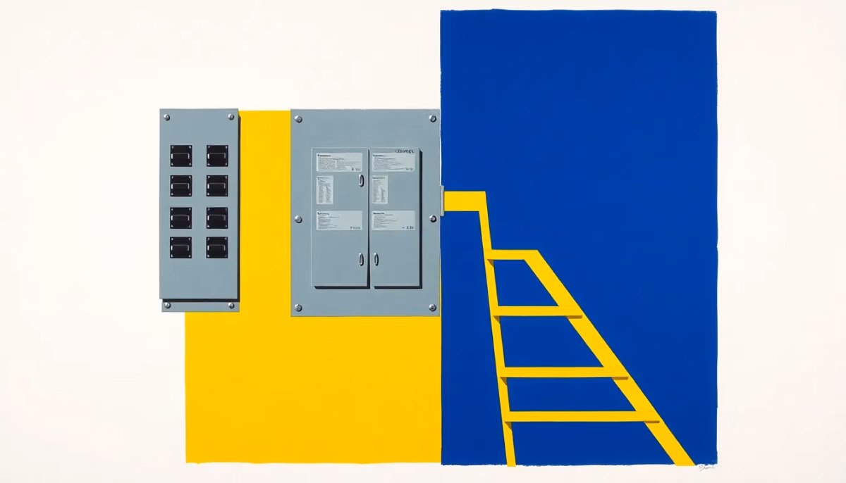 Suprematist abstract painting inspired by Kazimir Malevich featuring a modern electrical distribution panel with circuit breakers and differential switches, beside a stepped safety ladder symbolizing progressive electrical safety upgrades. Minimalist composition of bold navy blue and vibrant yellow geometric shapes on a stark white background. Flat textures, sharp edges, avant-garde electrical concept. No humans, no text, no text overlay.