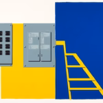 Suprematist abstract painting inspired by Kazimir Malevich featuring a modern electrical distribution panel with circuit breakers and differential switches, beside a stepped safety ladder symbolizing progressive electrical safety upgrades. Minimalist composition of bold navy blue and vibrant yellow geometric shapes on a stark white background. Flat textures, sharp edges, avant-garde electrical concept. No humans, no text, no text overlay.