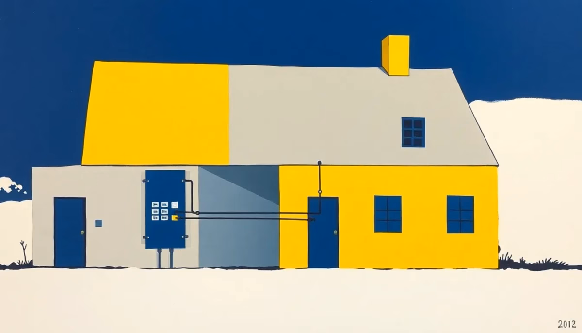 Suprematist abstract painting inspired by Kazimir Malevich, depicting an old stone longère farmhouse in the French countryside with a geometric electrical panel, circuit breakers and conduit lines slicing through its stone walls. Minimalist composition of bold navy blue and vibrant yellow geometric shapes on a stark white background. Flat textures, sharp edges, avant-garde electrical concept art. No humans, no text overlay.