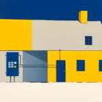 Suprematist abstract painting inspired by Kazimir Malevich, depicting an old stone longère farmhouse in the French countryside with a geometric electrical panel, circuit breakers and conduit lines slicing through its stone walls. Minimalist composition of bold navy blue and vibrant yellow geometric shapes on a stark white background. Flat textures, sharp edges, avant-garde electrical concept art. No humans, no text overlay.