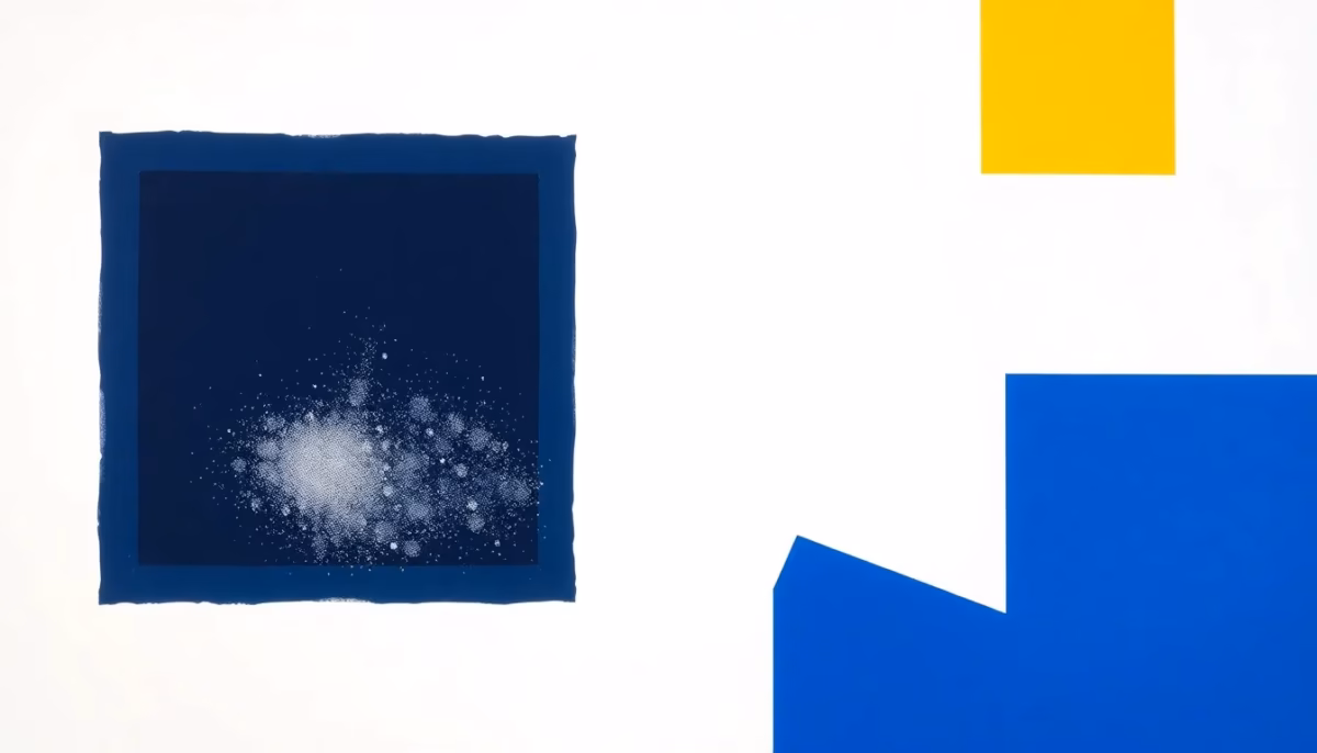 Suprematist abstract painting in the style of Kazimir Malevich featuring a square ventilation grille surrounded by swirling dust particles and geometric air ducts. Minimalist composition of bold navy blue and vibrant yellow geometric shapes on a stark white background. Flat textures, sharp edges, avant-garde concept evoking home ventilation cleaning before winter. No humans, no text overlay.