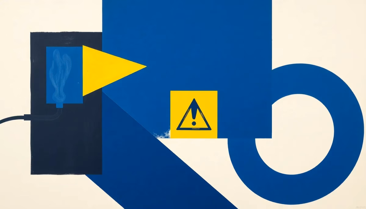 Suprematist abstract painting in the style of Kazimir Malevich: an electric plug emitting stylized triangular smoke plumes, placed next to a glowing warning square and a boiler pipe. Minimalist avant-garde composition built from bold navy blue and vibrant yellow geometric shapes on a stark white background, flat textures, sharp edges, evoking the danger of electrical overheating at home. No humans, no text overlay.