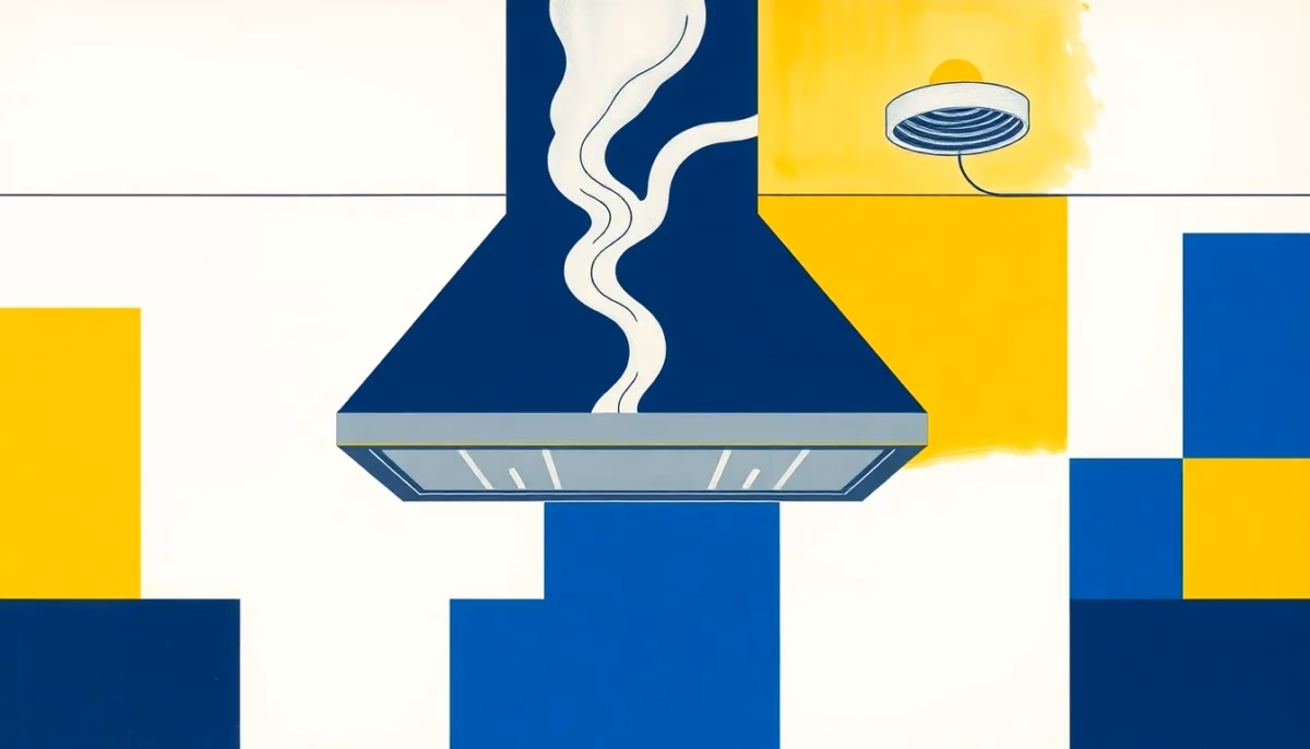 Suprematist abstract painting in the style of Kazimir Malevich featuring a kitchen range hood and a ceiling ventilation vent with rising smoke swirls. Minimalist composition of bold navy blue and vibrant yellow geometric shapes on a stark white background. Flat textures, sharp edges, avant-garde electrical concept. No humans, no text overlay.