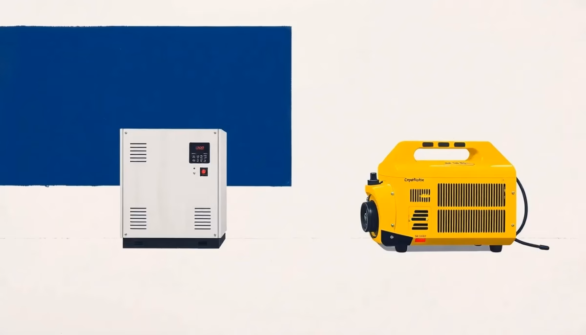 Suprematist abstract painting by Kazimir Malevich featuring an uninterruptible power supply unit and a portable electrical generator side by side. Minimalist composition of bold navy blue and vibrant yellow geometric shapes on a stark white background. Flat textures, sharp edges, avant-garde electrical concept. No humans, no text.