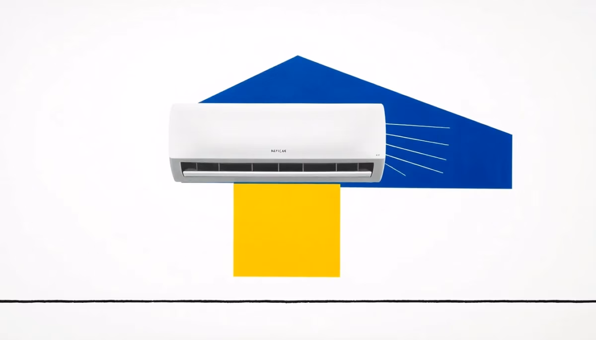 Suprematist abstract painting in the style of Kazimir Malevich featuring a split air conditioning unit and a geometric house silhouette with airflow lines. Minimalist composition of bold navy blue and vibrant yellow geometric shapes on a stark white background. Flat textures, sharp edges, avant-garde electrical concept. No humans, no text overlay.