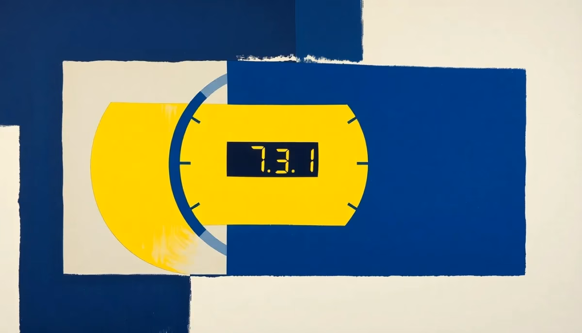 Suprematist abstract painting by Kazimir Malevich featuring an abstract modern smart electricity meter with geometric dials and a glowing display screen. Minimalist composition of bold navy blue and vibrant yellow geometric shapes on a stark white background. Flat textures, sharp edges, avant-garde electrical concept. No humans, no text overlay.