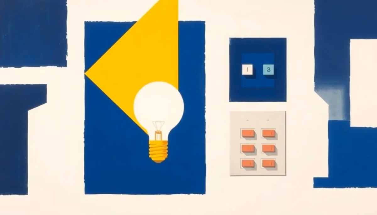 Suprematist abstract painting inspired by Kazimir Malevich featuring a glowing light bulb and a geometric circuit breaker panel. Minimalist composition of bold navy blue and vibrant yellow geometric shapes on a stark white background. Flat textures, sharp edges, avant-garde electrical concept. No humans, no text overlay.