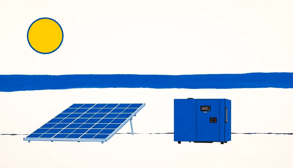Suprematist abstract painting in the style of Kazimir Malevich depicting solar panels and a photovoltaic inverter. Minimalist composition of bold navy blue geometric rectangles evoking solar panel arrays, vibrant yellow shapes symbolizing energy flow, and a dark geometric block representing the inverter, arranged on a stark white background. Flat textures, sharp edges, dynamic avant-garde electrical concept evoking solar power failure and technical diagnosis. Clean flat design, no humans, no text, no text overlay.