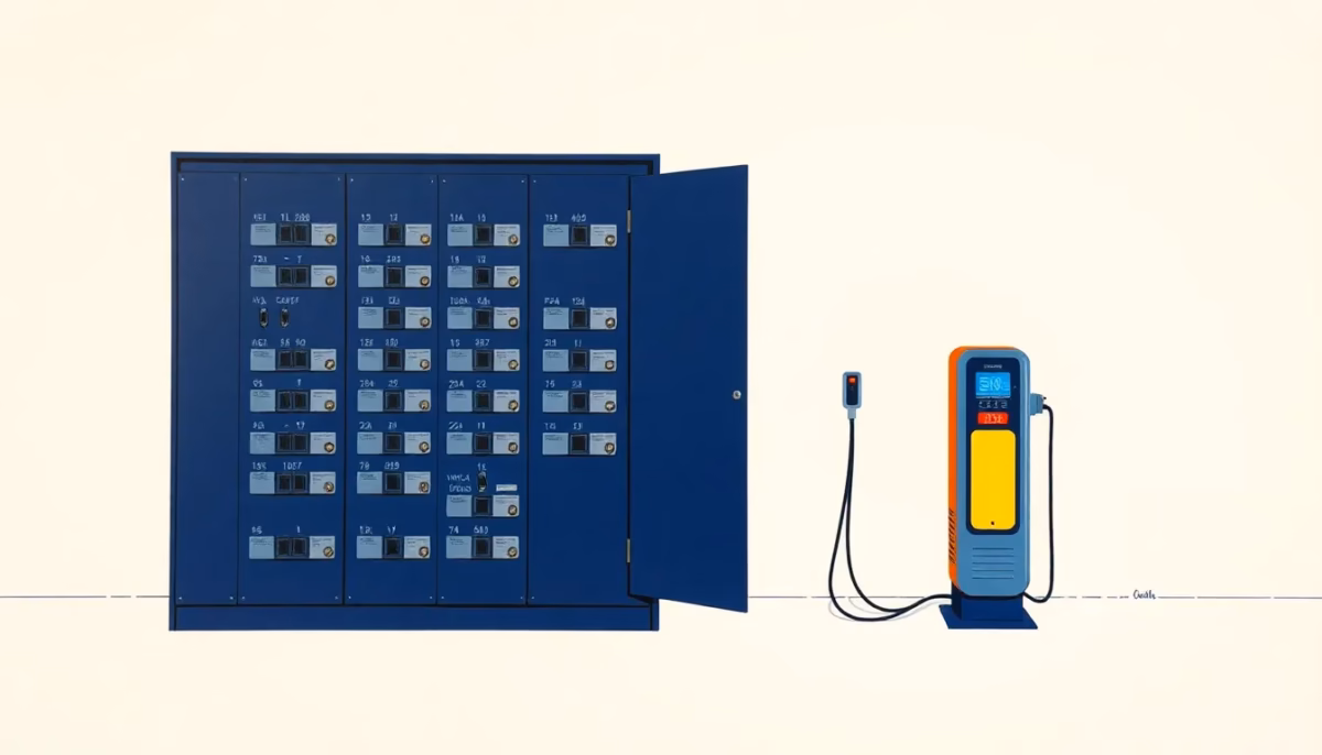 Suprematist abstract painting in the style of Kazimir Malevich showing a saturated electrical distribution panel crowded with circuit breakers beside a compact glowing electric vehicle charger. Minimalist composition of bold navy blue and vibrant yellow geometric shapes on a stark white background. Flat textures, sharp edges, avant-garde electrical concept. No humans, no text overlay.