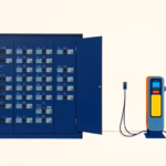 Suprematist abstract painting in the style of Kazimir Malevich showing a saturated electrical distribution panel crowded with circuit breakers beside a compact glowing electric vehicle charger. Minimalist composition of bold navy blue and vibrant yellow geometric shapes on a stark white background. Flat textures, sharp edges, avant-garde electrical concept. No humans, no text overlay.