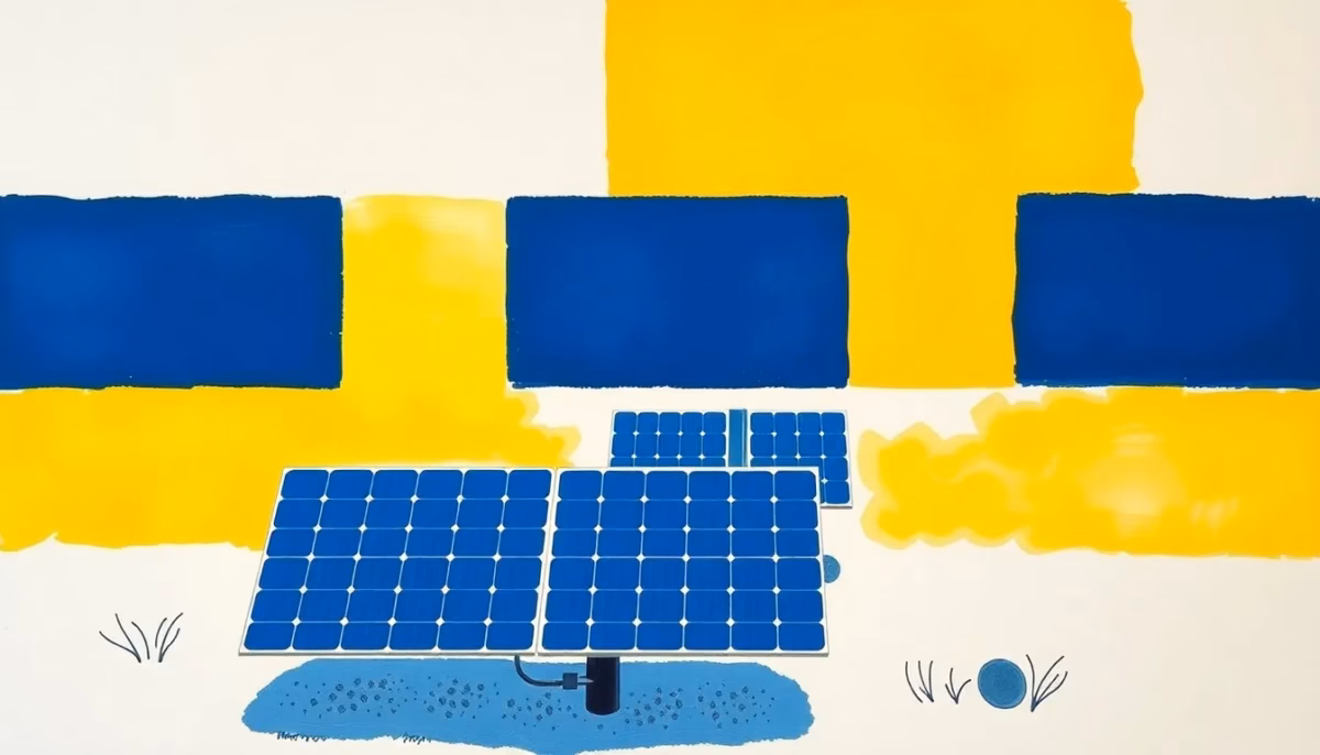 Suprematist abstract painting in the style of Kazimir Malevich featuring ground-mounted solar panels in a garden. Minimalist composition of bold navy blue and vibrant yellow geometric shapes on a stark white background. Flat textures, sharp edges, avant-garde solar energy concept. No humans, no text.