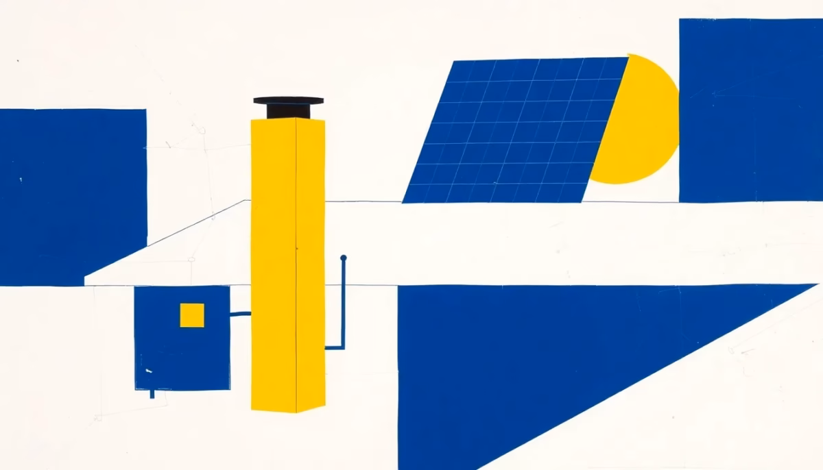 Suprematist abstract painting in the style of Kazimir Malevich, featuring solar panels on a rooftop connected to an electrical panel. Minimalist composition of bold navy blue and vibrant yellow geometric shapes on a stark white background. Flat textures, sharp edges, avant-garde electrical concept. No humans, no text overlay.