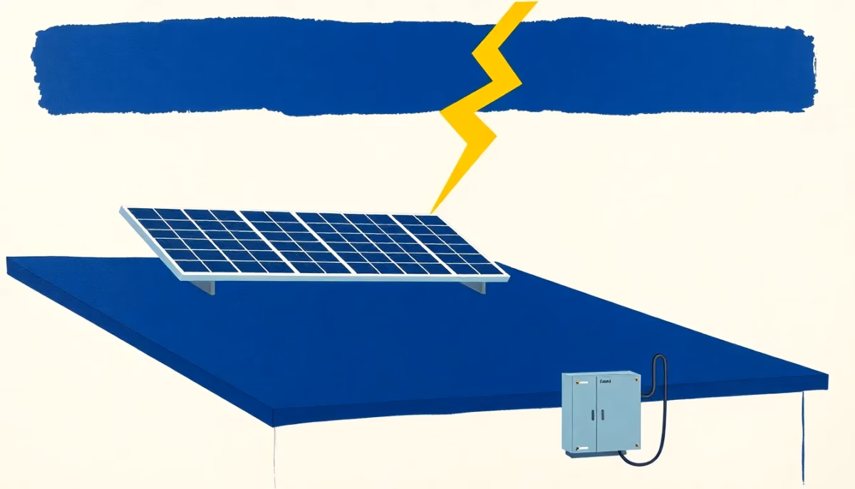 Suprematist abstract painting in the style of Kazimir Malevich featuring rooftop solar panels with a lightning rod, a grounding cable and an electrical protection switchboard. Minimalist composition of bold navy blue and vibrant yellow geometric shapes on a stark white background. Flat textures, sharp edges, avant-garde electrical concept. ##no humans##, ##no text##