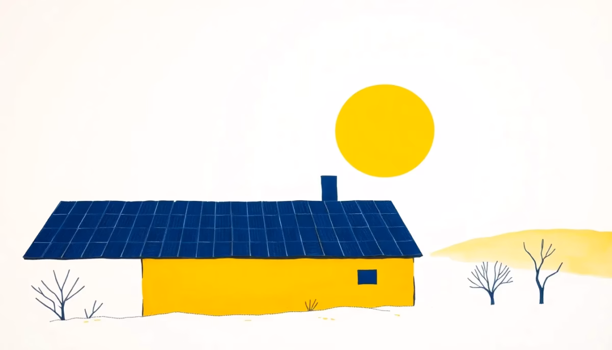 Suprematist abstract painting in the style of Kazimir Malevich featuring rooftop solar panels and a bright radiant sun above a rural French house. Minimalist composition of bold navy blue and vibrant yellow geometric shapes on a stark white background. Flat textures, sharp edges, avant-garde clean energy concept. No humans, no text overlay.