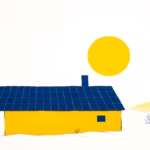 Suprematist abstract painting in the style of Kazimir Malevich featuring rooftop solar panels and a bright radiant sun above a rural French house. Minimalist composition of bold navy blue and vibrant yellow geometric shapes on a stark white background. Flat textures, sharp edges, avant-garde clean energy concept. No humans, no text overlay.